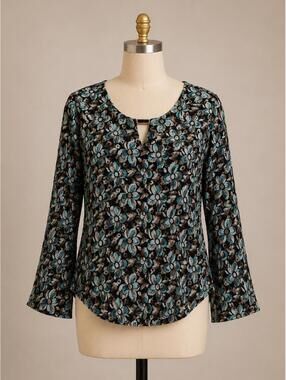 Vintage Floral Bell Sleeve Blouse Black Teal Large